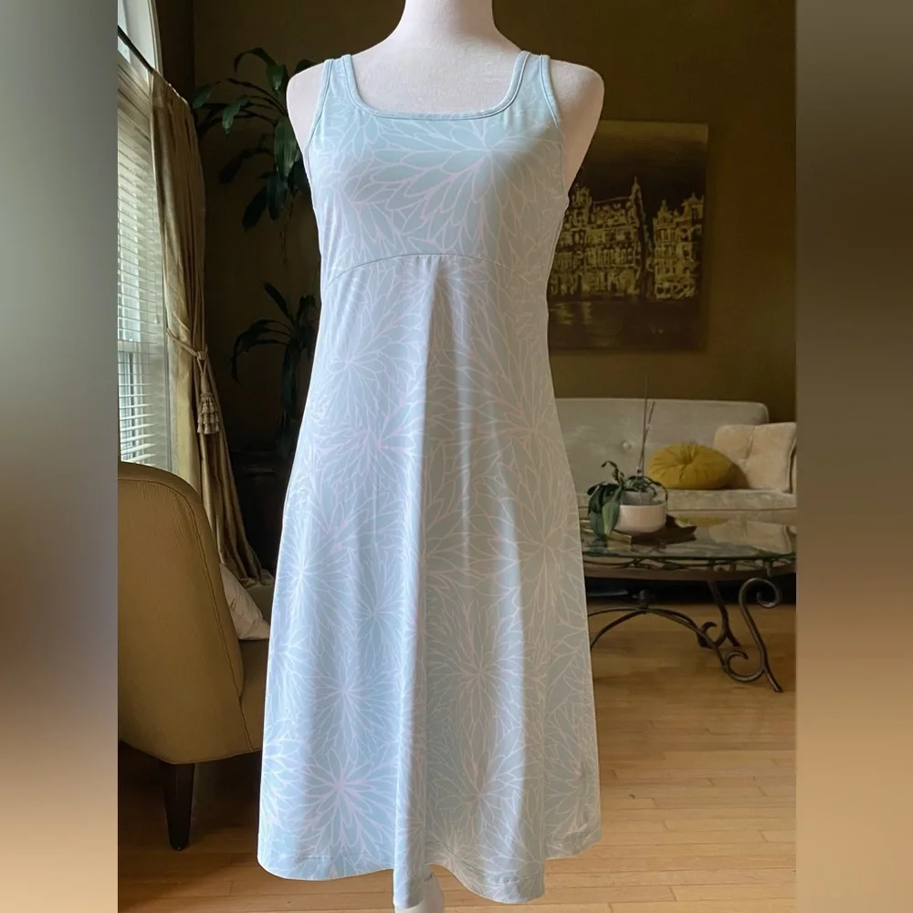 Columbia PFG Aqua Blue Floral Print Tank Dress UPF 50 Moisture Wicking Freezer - Picture 1 of 14